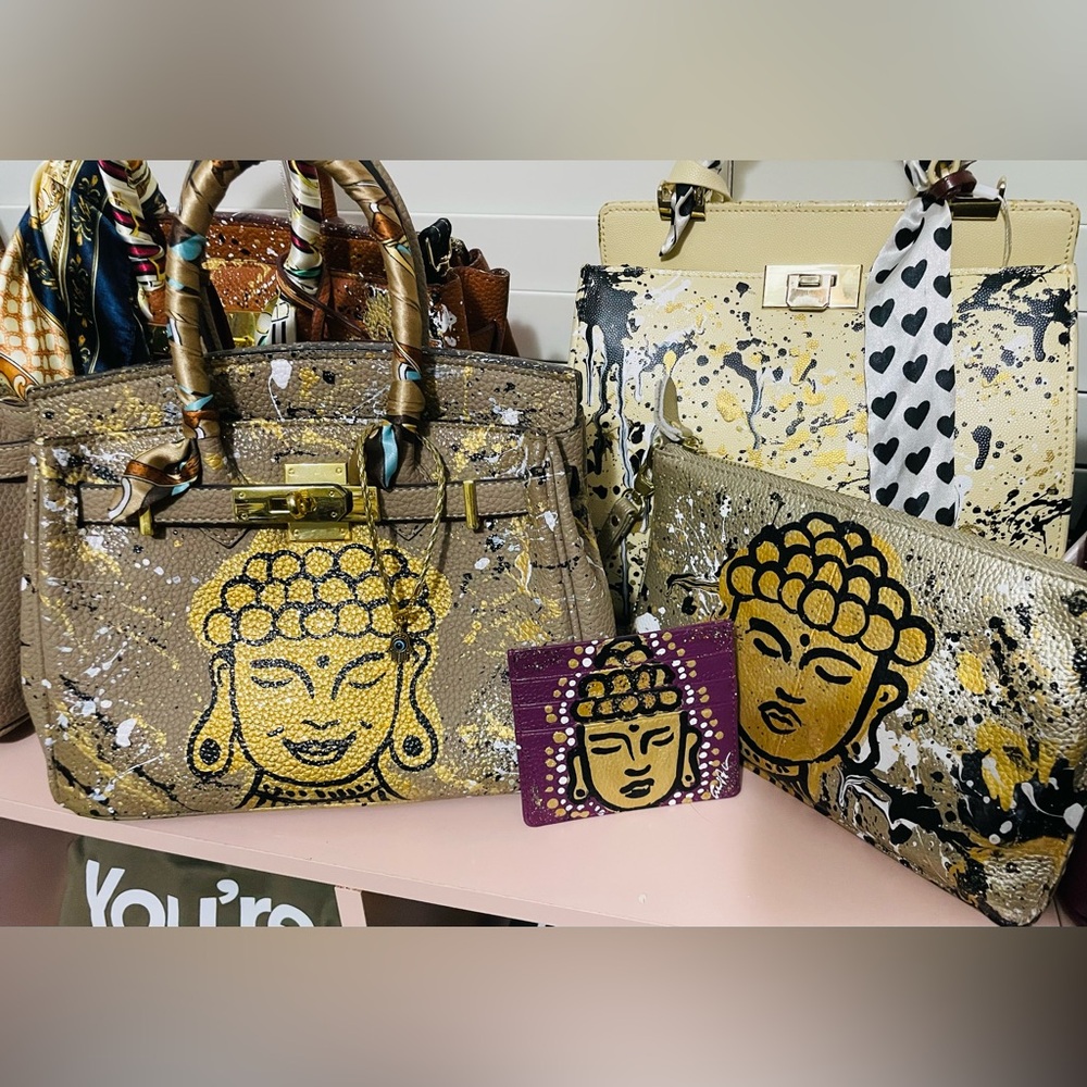 ✨NWT 3PC. SET! One-of-a-Kind Anca Barbu Hand Painted Buddha Leather Handbag Set!